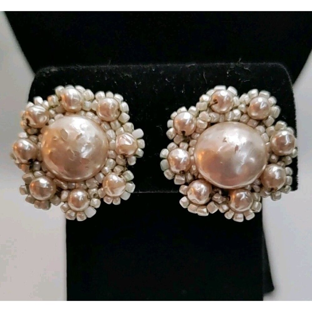 Miriam Haskell Baroque Style Pearl Flower Clip On Earrings 1 Inch Diameter